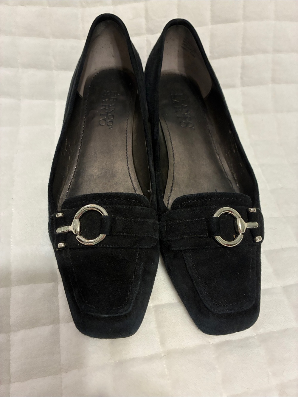 Franco Sarto Black Suede Loafers with Silver Ring Accent. Size 6.5.